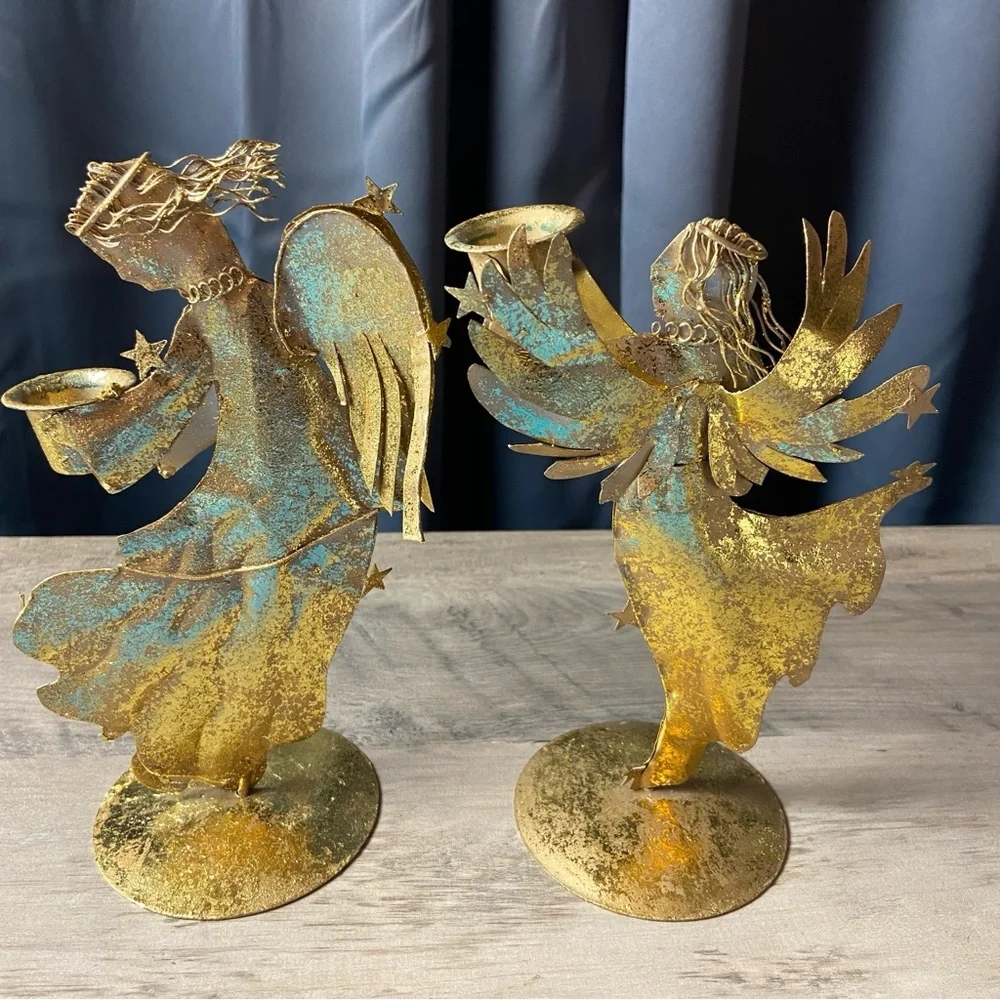 Pair of Vintage‎ Gold Metal Angel Figurines Candle Holders